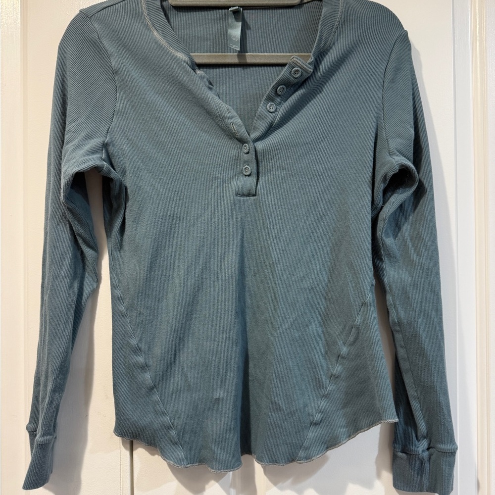 SKIMS Long-Sleeve Ribbed Henley in Dusty Teal